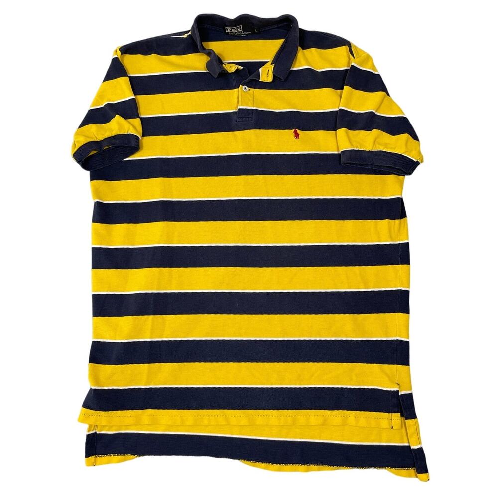 Polo Ralph Lauren Mens Size L Navy Yellow Striped Short Sleeve Polo Shirt